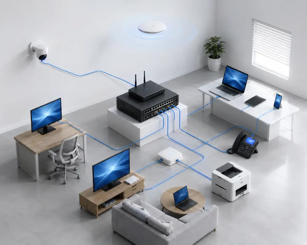 Example network connecting a router, switch, access point, computers, phone, printer and security camera
