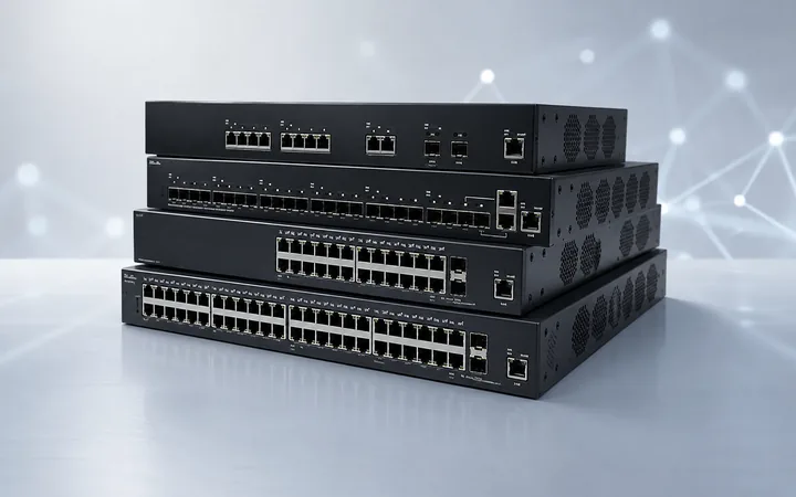 Stack of network switches with Ethernet and uplink ports