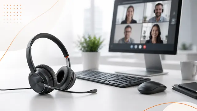 Office worker wearing a headset while using a desktop computer