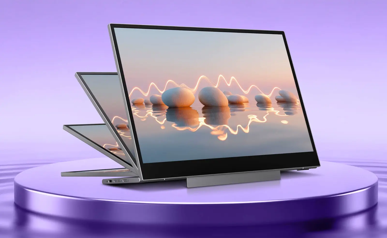 Slim portable monitor shown at several viewing angles