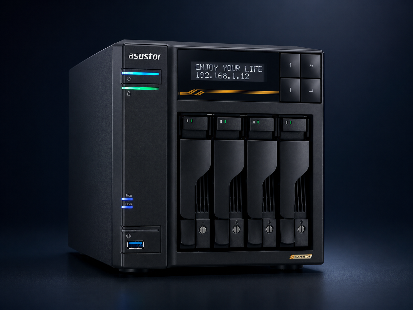 Front view of a four-bay Asustor network attached storage enclosure