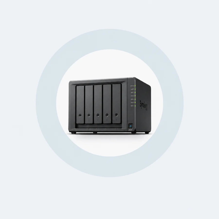 Five-bay Synology network attached storage enclosure