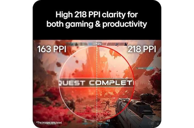 LG 27GM950B graphic illustrating high 218 PPI clarity