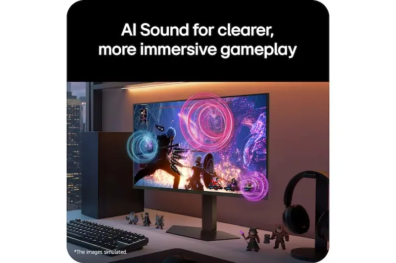 LG 27GM950B gaming desk setup demonstrating AI Sound