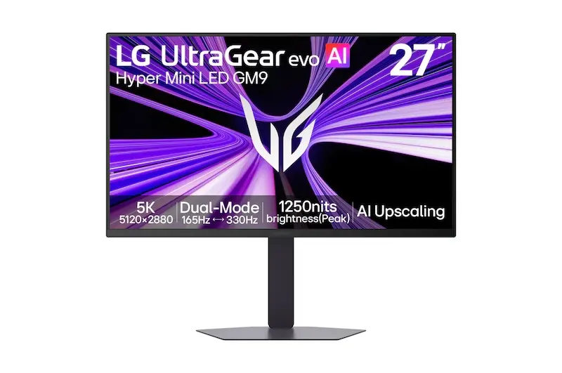 Front view of the LG 27GM950B showing 5K resolution, Dual-Mode, 1250-nit peak brightness and AI Upscaling