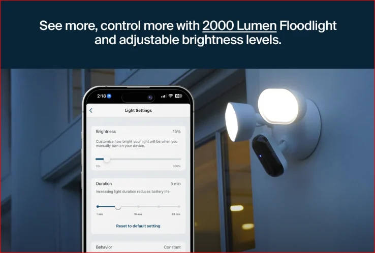 Arlo app brightness settings beside the wired floodlight camera