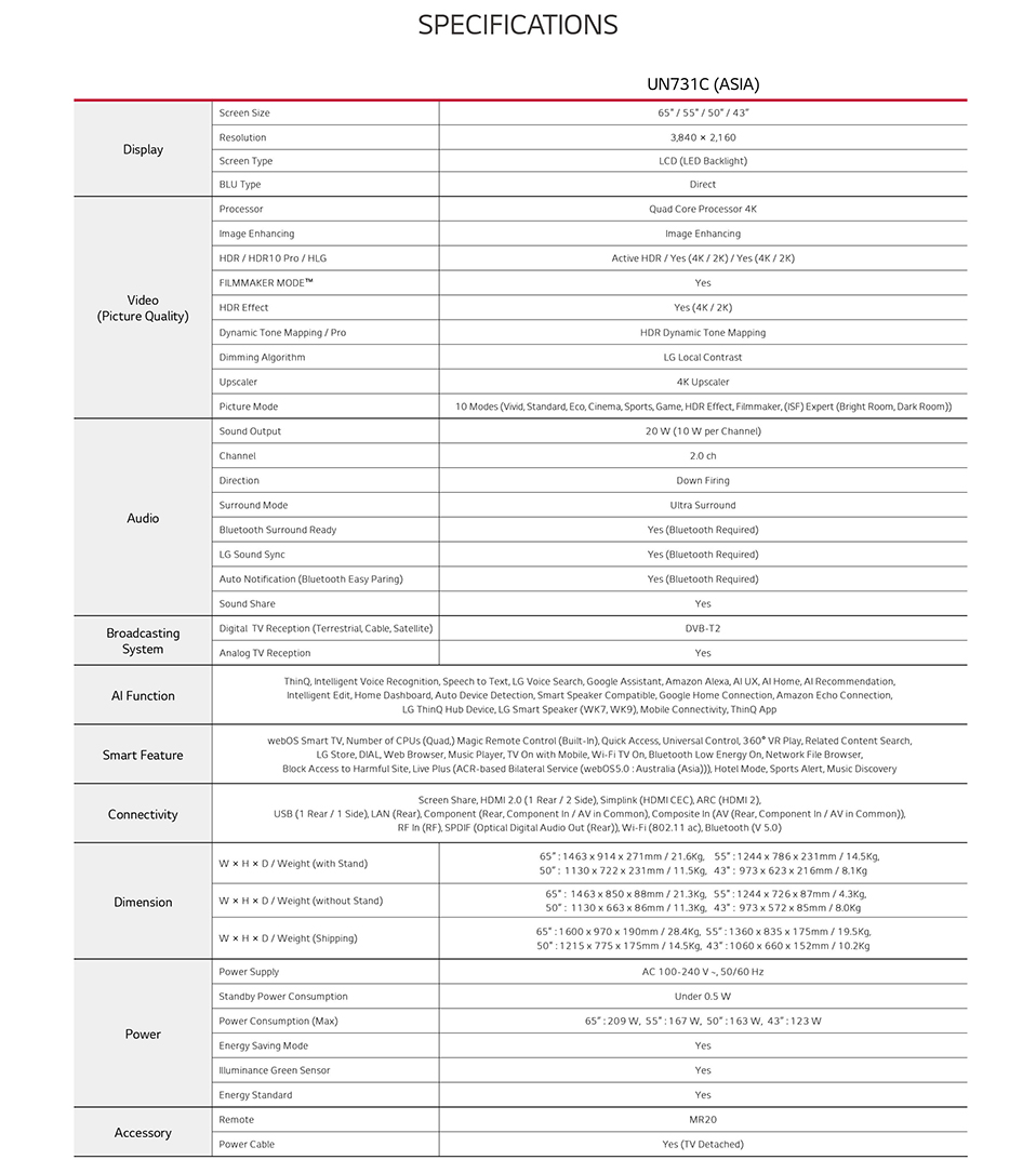 LG65UN731C LG 65 Smart TV specifications