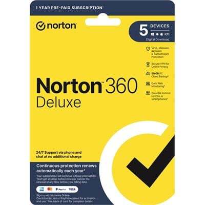 Norton 360 Deluxe Protection - 1 User 5 Devices 1 Year Sub - ESD Version - 21441469