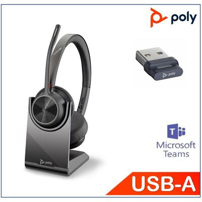 Poly Voyager 4320 Stereo Teams & UC with Charge Stand, 218476-02, Bluetooth USB-A Dungle, Noise canceling boom, Acoustice Fence