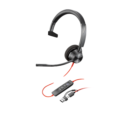 Poly MS Blackwire 3310 Mono Corded Headset | USB-C (USB-A Adaptor)