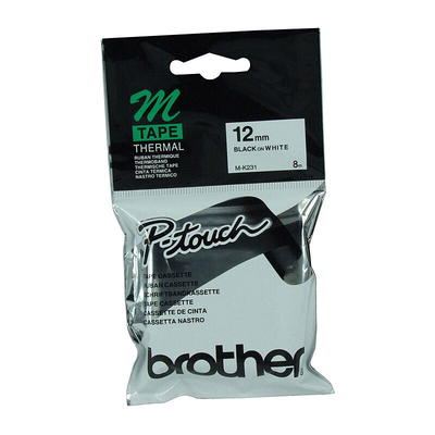 Brother M-K231 Non-Laminated Label Tape, Black on White, 12mm x 8m