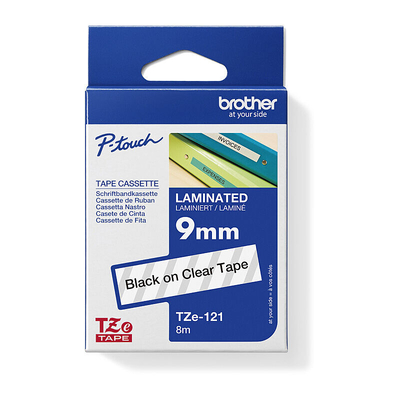 Brother TZe-121 Laminated Label Tape, Black on Clear, 9mm x 8m