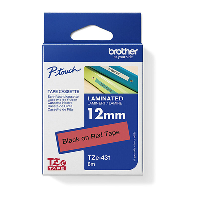 Brother TZe-431 Laminated Label Tape, Black on Red, 12mm x 8m