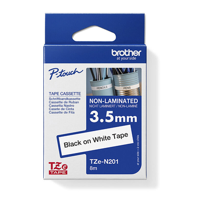 Brother TZe-N201 Non-Laminated Label Tape, Black on White, 3.5mm x 8m