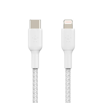 Belkin BOOST?CHARGE Braided USB-C to Lightning Cable (1m / 3.3ft) - White (CAA004bt1MWH) - fast charging - Tested to withstand 10 - 000+ bends