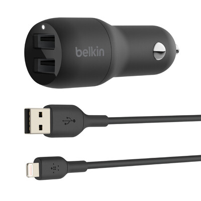 Belkin Boostcharge Dual 24W Car Charger with Lightning Cable - For Apple Devices - Black