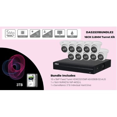 DAHUA Surveillance KIT with 10x HDW2531EMP-AS-0280B-S2-AUS + 1x NVR4216-16P-4KS2/L, 1x 3TB HDD