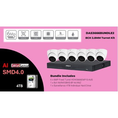 DAHUA Surveillance 6MP  KIT with 6x HDW3666EMP-S-AUS + 1x NVR4108HS-8P-AI/ANZ + 1x 4TB HDD