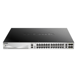 D-Link 30 port Stackable Gigabit PoE+ Switch with 24 1000Base-T PoE/PoE+ ports and 4 10 Gigabit SFP+ ports and 2 10GBASE-T ports. PoE budget 370W