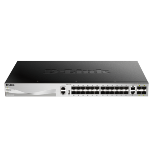 D-Link 30 port Stackable Gigabit Switch with 24 SFP ports and 4 10 Gigabit SFP+ ports and 2 10GBASE-T ports.