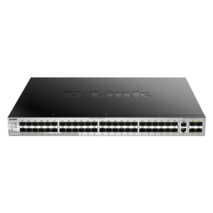 D-Link 54 port Stackable Gigabit Switch with 48 SFP ports and 4 10 Gigabit SFP+ ports and 2 10GBASE-T ports.