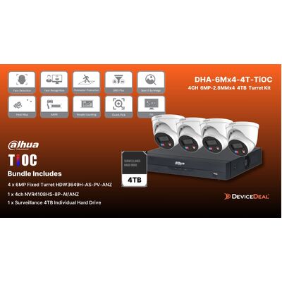 DAHUA 6MP-TIoC Surveillance KIT with 4x HDW3649H-AS-PV-ANZ + 1x NVR4104HS-P-AI/ANZ 1x 4TB HDD