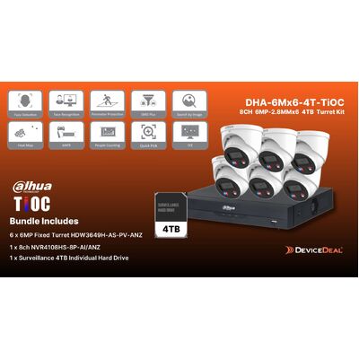 DAHUA 6MP-TIoC Surveillance KIT with 6x HDW3649H-AS-PV-ANZ + 1x NVR4108HS-8P-AI/ANZ 1x 4TB HDD