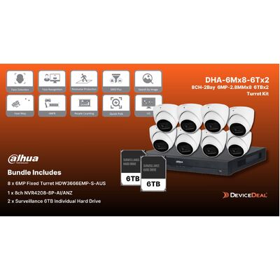 DAHUA 6MP Surveillance KIT with 8x HDW3666EMP-S-AUS + 1x NVR4208-8P-AI/ANZ 2x 6TB HDD