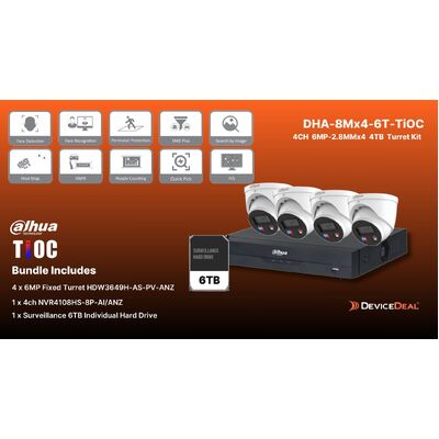 DAHUA 8MP-TIoC Surveillance KIT with 4x HDW3849H-AS-PV-ANZ + 1x NVR4104HS-P-AI/ANZ 1x 6TB HDD