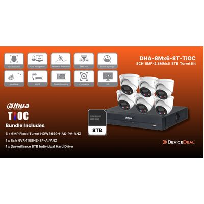 DAHUA 8MP-TIoC Surveillance KIT with 6x HDW3849H-AS-PV-ANZ + 1x NVR4108HS-8P-AI/ANZ 1x 8TB HDD