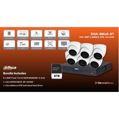 DAHUA 8MP Surveillance KIT with 6x HDW3866EMP-S-AUS + 1x NVR4108HS-8P-AI/ANZ 1x 8TB HDD