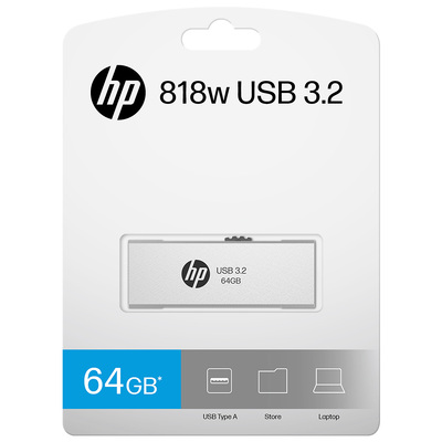 HP HPFD818W-64 x818w 64GB USB 3.2 Flash Drive Silver Metal, PCBA 3.2