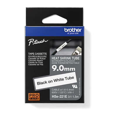 Brother HSE-221E Black on White Labelling Tape 9mm x 1.5m