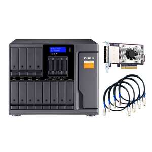 QNAP TL-D1600S 16-bay desktop SATA JBOD expansion unit with a QXP-1600eS PCIe SATA host card and 4 SFF-8088 to SFF-8644 SAS/SATA 6Gb