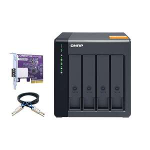 QNAP TL-D400S 4-bay desktop SATA JBOD expansion unit with a QXP-400eS-A1164 PCIe SATA host card and 1 SFF-8088 to SFF-8088 SAS/SATA 6Gb
