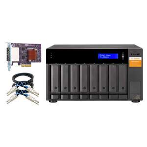 QNAP TL-D800S 8-bay desktop SATA JBOD expansion unit with a QXP-800eS-A1164 PCIe SATA host card and 2 SFF-8088 to SFF-8088 SAS/SATA 6Gb