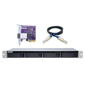 QNAP TL-R400S 4-bay 1U rackmount SATA JBOD expansion unit with a QXP-400eS-A1164 PCIe SATA host card and 1 SFF-8088 to SFF-8088 SAS/SATA 6Gb
