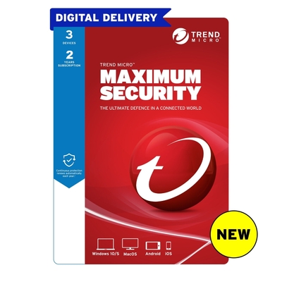Trend Micro Maximum Security 2026 - 2 Years 3 Devices for PC, Mac, Android or iOS devices