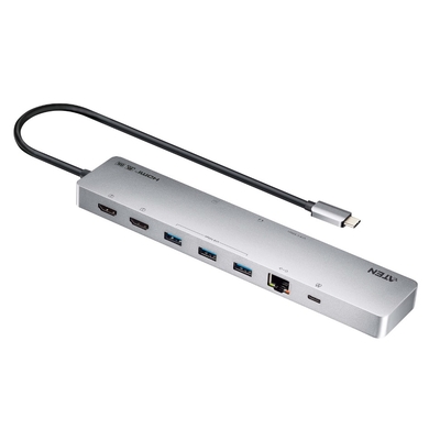 Aten 11-in-1 USB-C Multiport Dock with Power Pass-Through, 2x HDMI, 2x USB-C (1 for power delivery & 1 for data transmission), 3x USB Type-A, 1x SD, 1