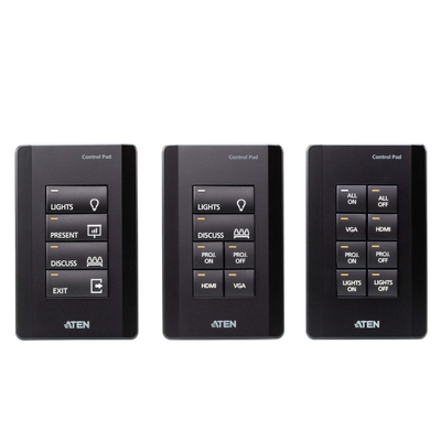 Aten 8 Button Control Pad in black color with 1 Gang US wall plate, 2 RS232, 2 relay, 1 Digital I/O and Ethernet connection support, 14 button layouts