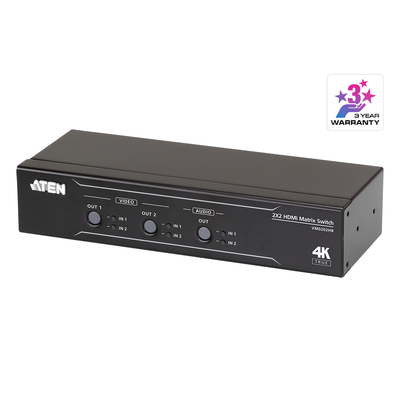 Aten VM0202HB 2x2 True 4K HDMI Matrix Switch with audio de-embedder, supports control via pushbuttons, IR remote or RS232 serial, Auto Switching