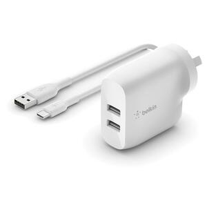 Belkin 2 PORT WALL CHARGER, 12W, USB-A (2), BOOST CHARGE, WHITE, INCLUDE USB-A TO C CABLE,